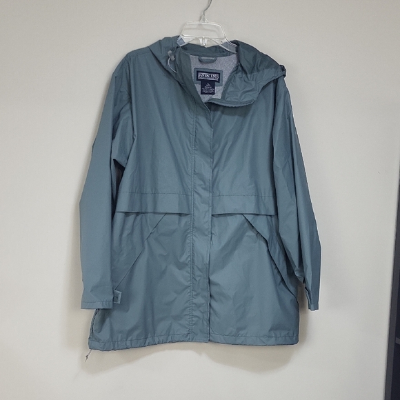 LANDS' END Green Gray Vented Polyvinyl Mesh Lined Pocked Hooded Raincoat- Plus - Picture 1 of 16